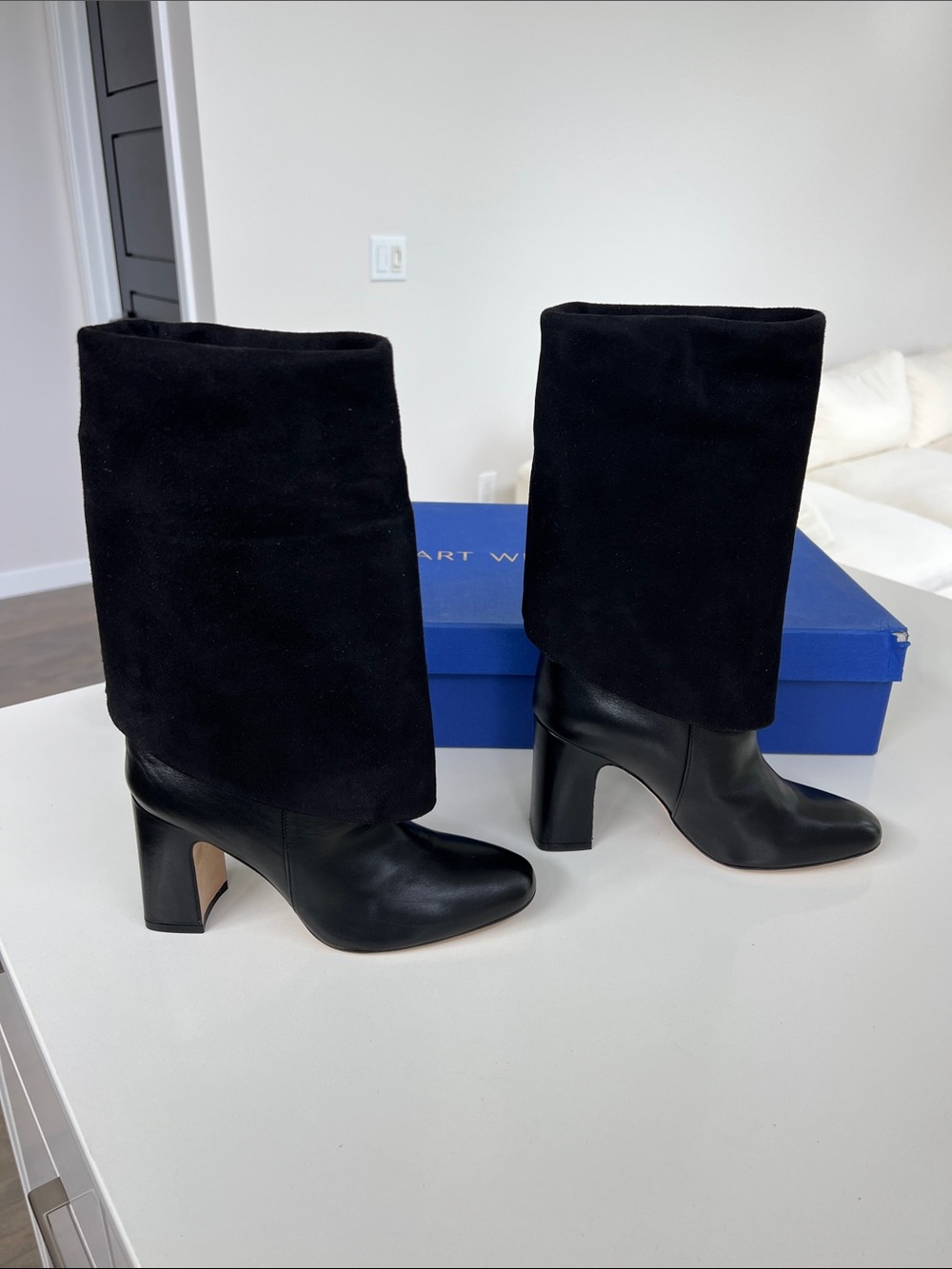 Stuart Weitzman lucinda black leather and suede fold over heeled long boots sz 6